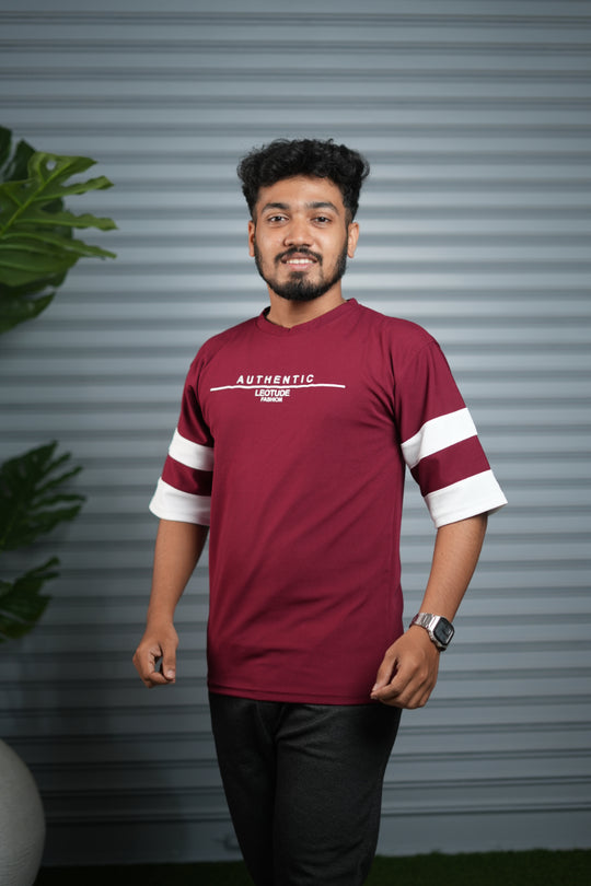 Men's Authentic Print Oversized T-Shirt | Drop Shoulder T-Shirt for Men - Maroon – alternate view – 7MAN India