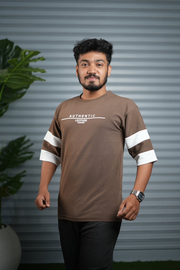 Men's Authentic Print Oversized T-Shirt | Drop Shoulder T-Shirt for Men - Brown