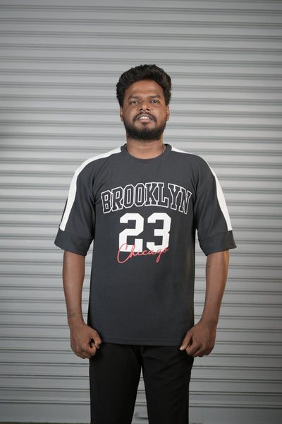 Brooklyn 23 Printed Oversized T-Shirt for Men – Graphic Half Sleeve Tee - Grey