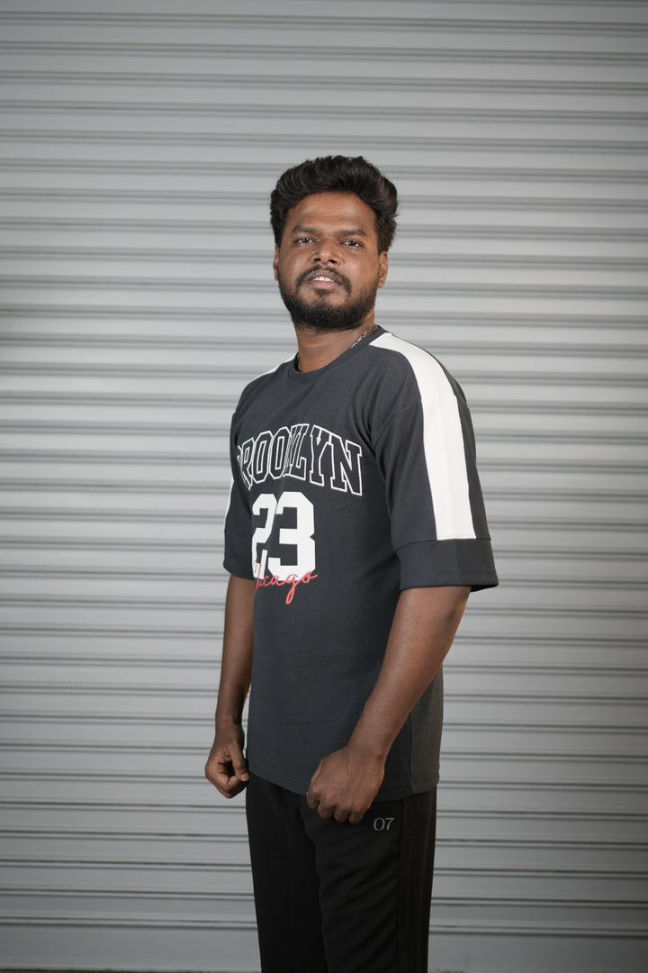 Brooklyn 23 Printed Oversized T-Shirt for Men – Graphic Half Sleeve Tee - Grey