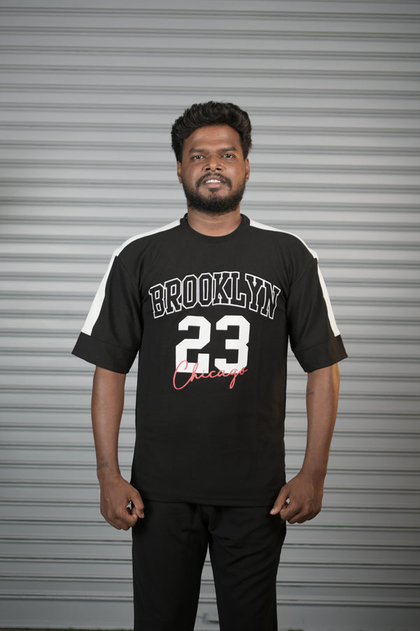 Brooklyn 23 Printed Oversized T-Shirt for Men – Graphic Half Sleeve Tee - Black