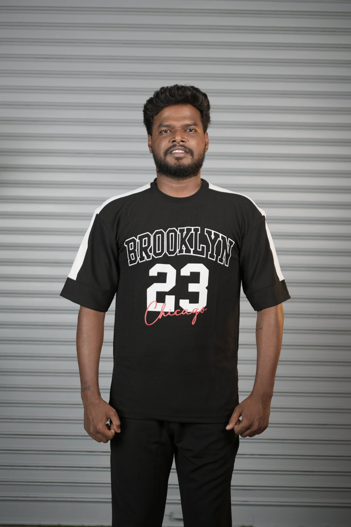Brooklyn 23 Printed Oversized T-Shirt for Men – Graphic Half Sleeve Tee - Black