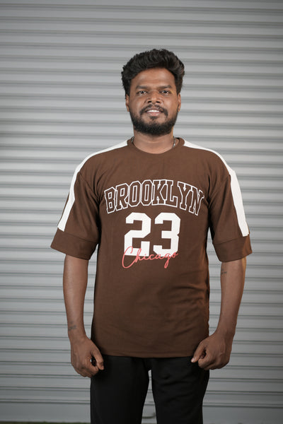 Brooklyn 23 Printed Oversized T-Shirt for Men – Graphic Half Sleeve Tee - Brown