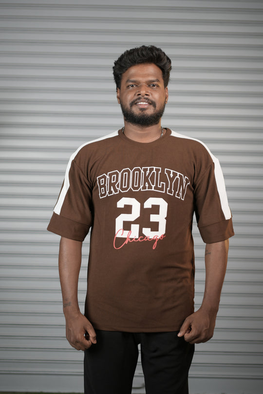 Brooklyn 23 Printed Oversized T-Shirt for Men – Graphic Half Sleeve Tee - Brown – 7MAN Men's Fashion India