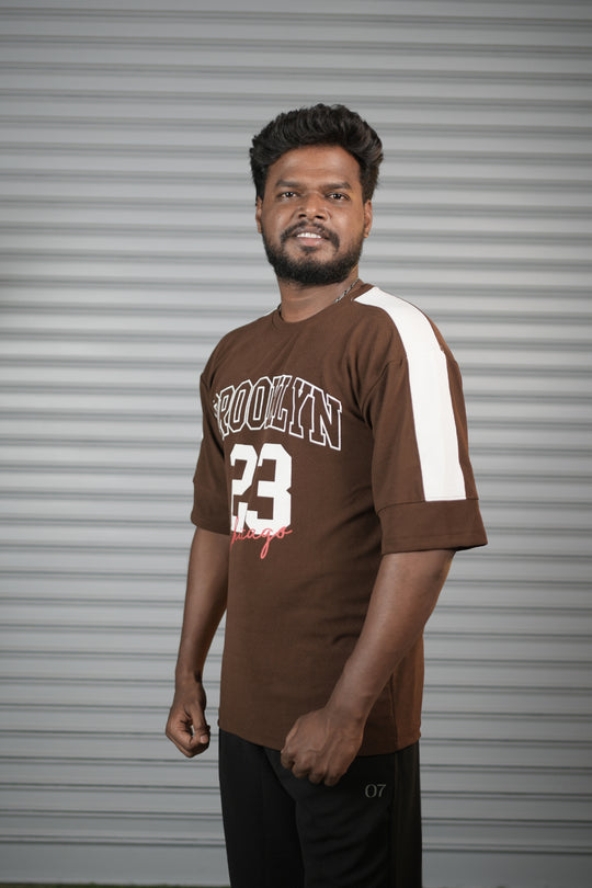 Brooklyn 23 Printed Oversized T-Shirt for Men – Graphic Half Sleeve Tee - Brown – alternate view – 7MAN India