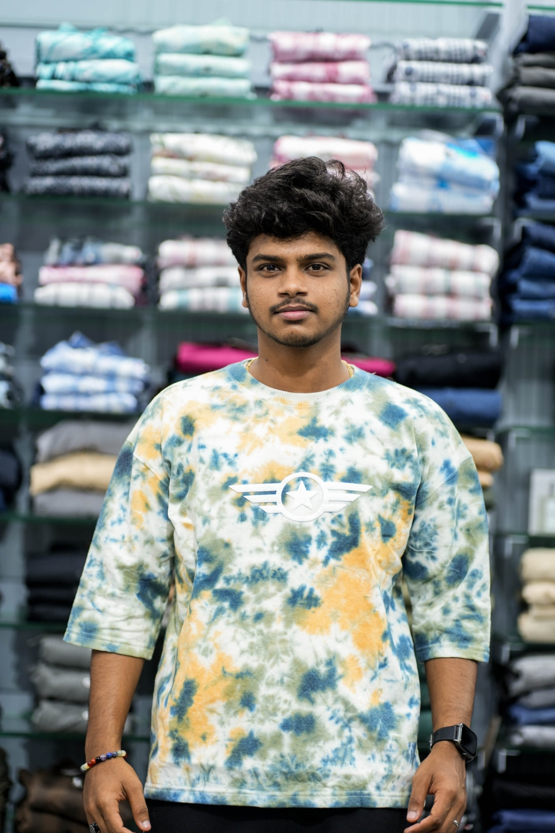 Men’s Tie-Dye Five Sleeve T-Shirt – Trendy Streetwear with Star Logo - Pistha Green and Yellow
