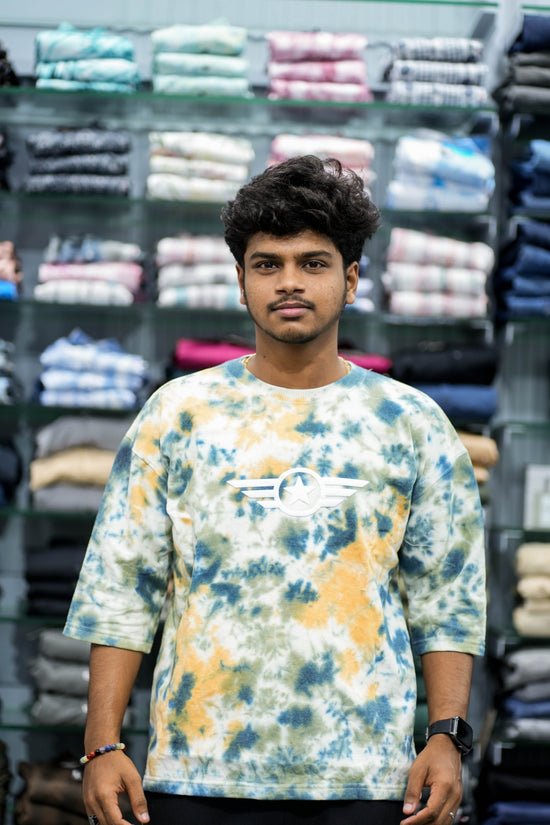 Men’s Tie-Dye Five Sleeve T-Shirt – Trendy Streetwear with Star Logo - Pistha Green and Yellow