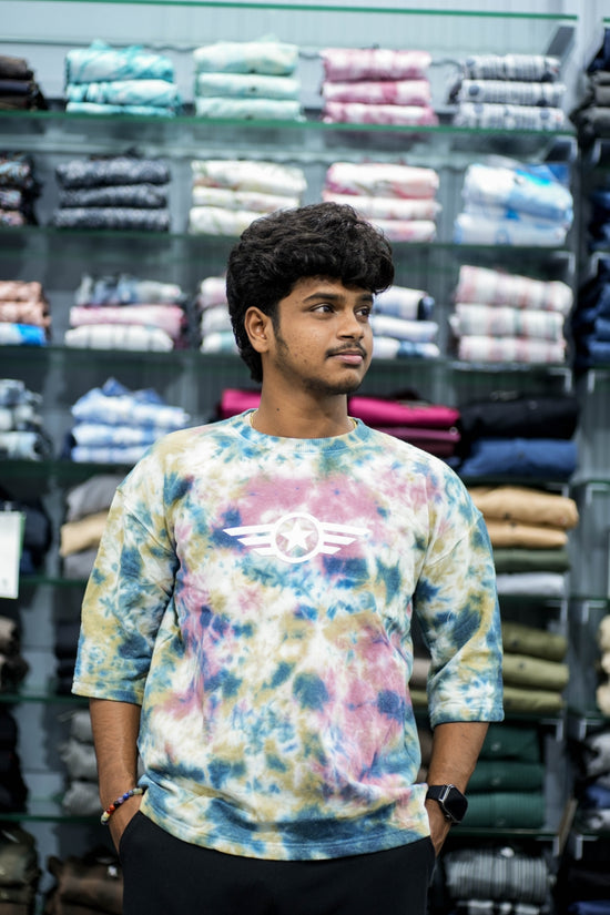 Men’s Tie-Dye Five Sleeve T-Shirt – Trendy Streetwear with Star Logo - Yellow and Pink
