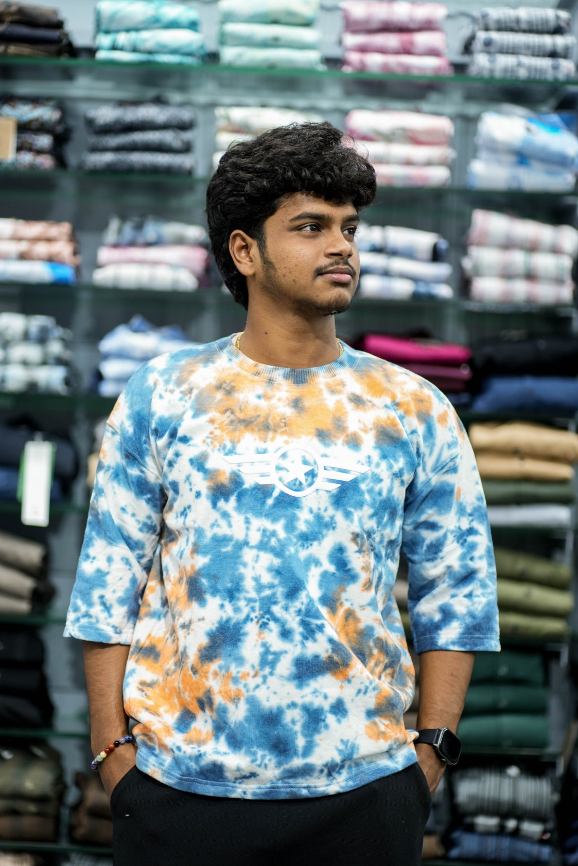 Men’s Tie-Dye Five Sleeve T-Shirt – Trendy Streetwear with Star Logo - Blue and Orange