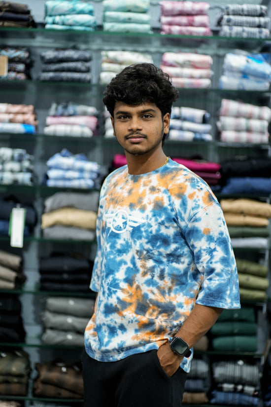 Men’s Tie-Dye Five Sleeve T-Shirt – Trendy Streetwear with Star Logo - Blue and Orange
