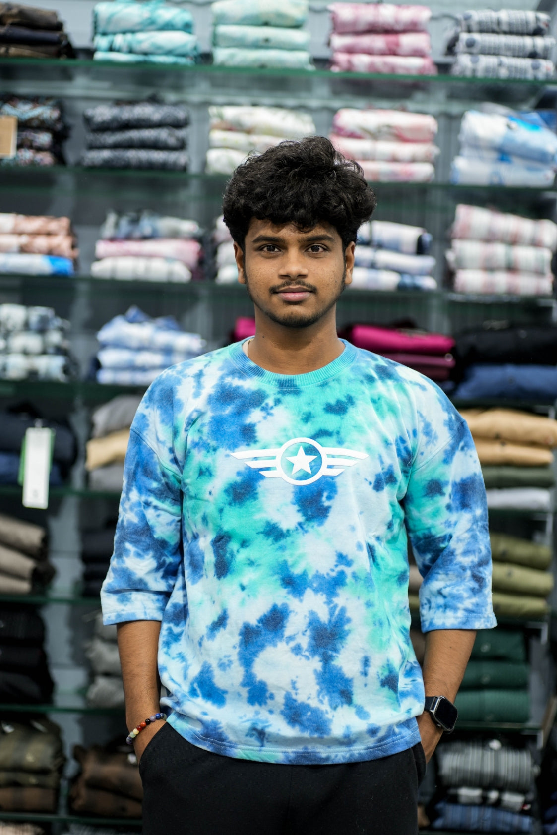 Men’s Tie-Dye Five Sleeve T-Shirt – Trendy Streetwear with Star Logo - Blue and Green