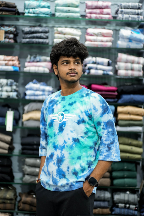Men’s Tie-Dye Five Sleeve T-Shirt – Trendy Streetwear with Star Logo - Blue and Green