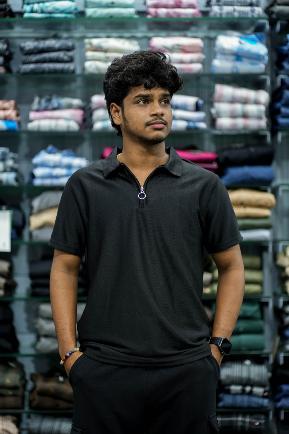 Mens Half Sleeve Zipper Collar T-Shirt – Minimalist Street Style - Black