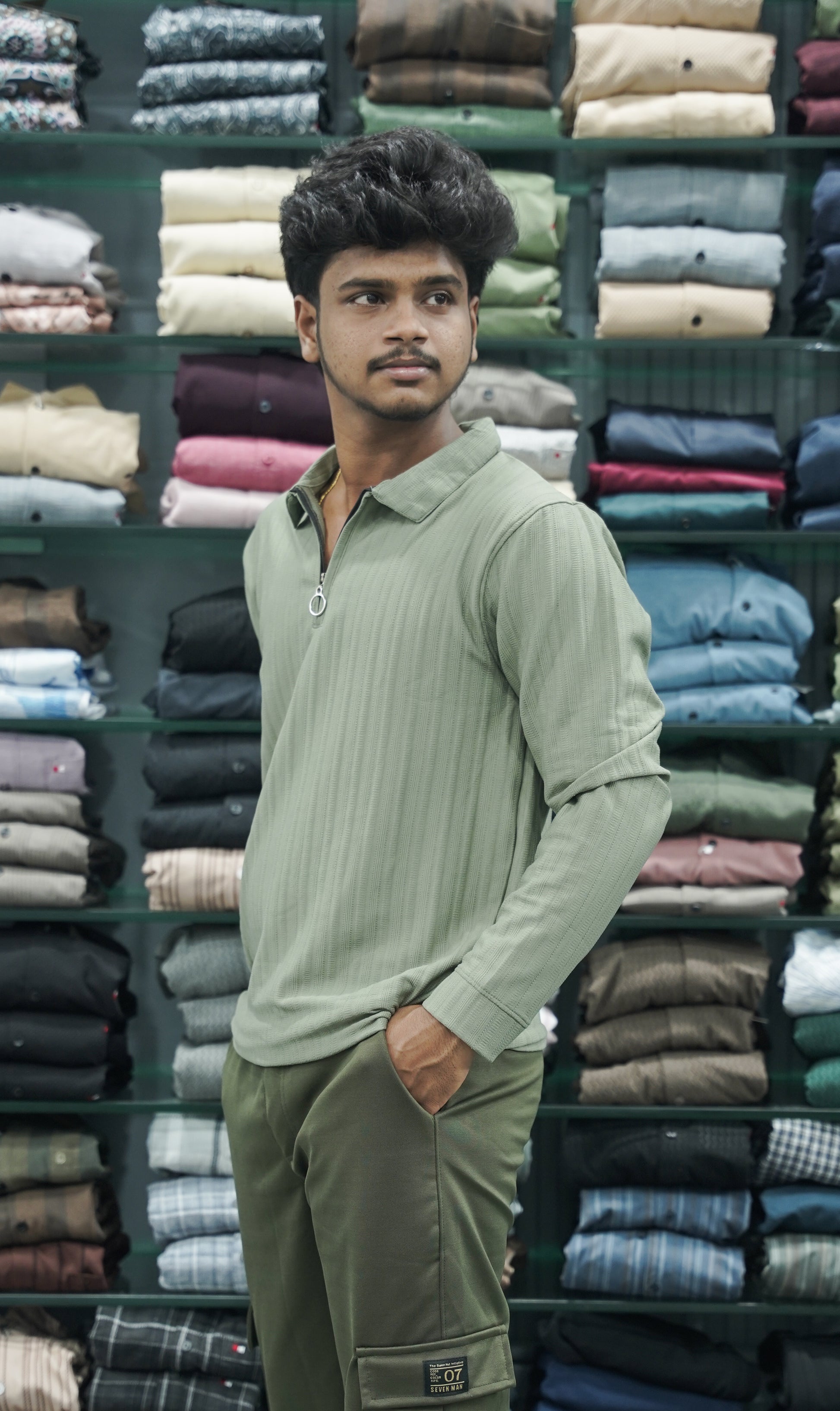 Full Sleeve Korean Style Men's T-Shirt with Zipper Collar - Light Green