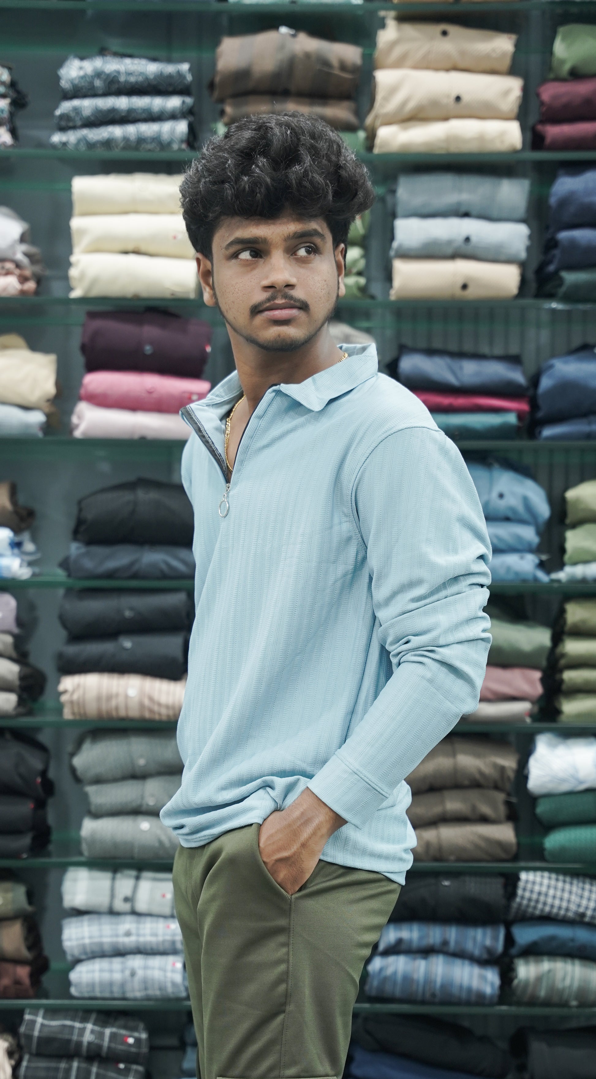 Full Sleeve Korean Style Men's T-Shirt with Zipper Collar - Sky Blue