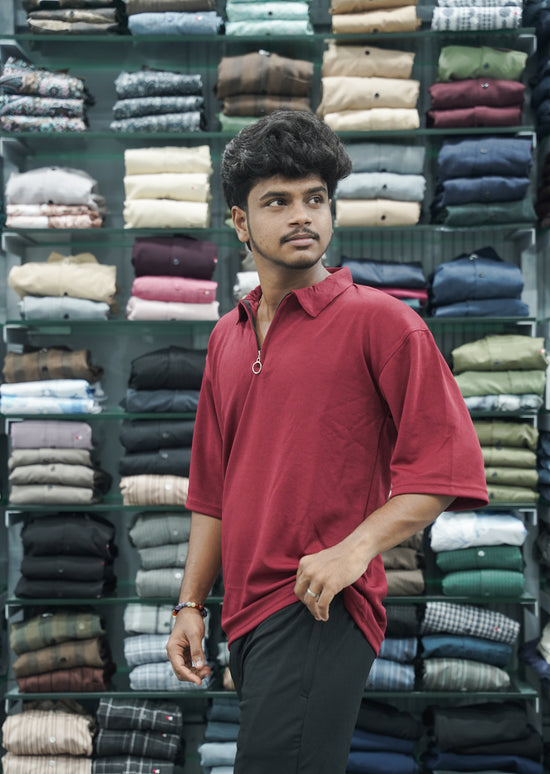 Korean Style Men's Five Sleeve T-Shirt with Zipper Collar - Maroon