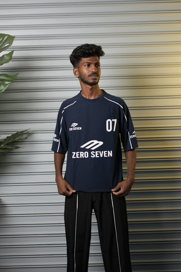 Men's Drop-Shoulder Piping 07 Graphic T-Shirt - Navy Blue
