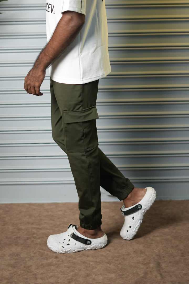 Men's 4-Way Stretch Lycra Cargo Joggers Pant - Olive Green