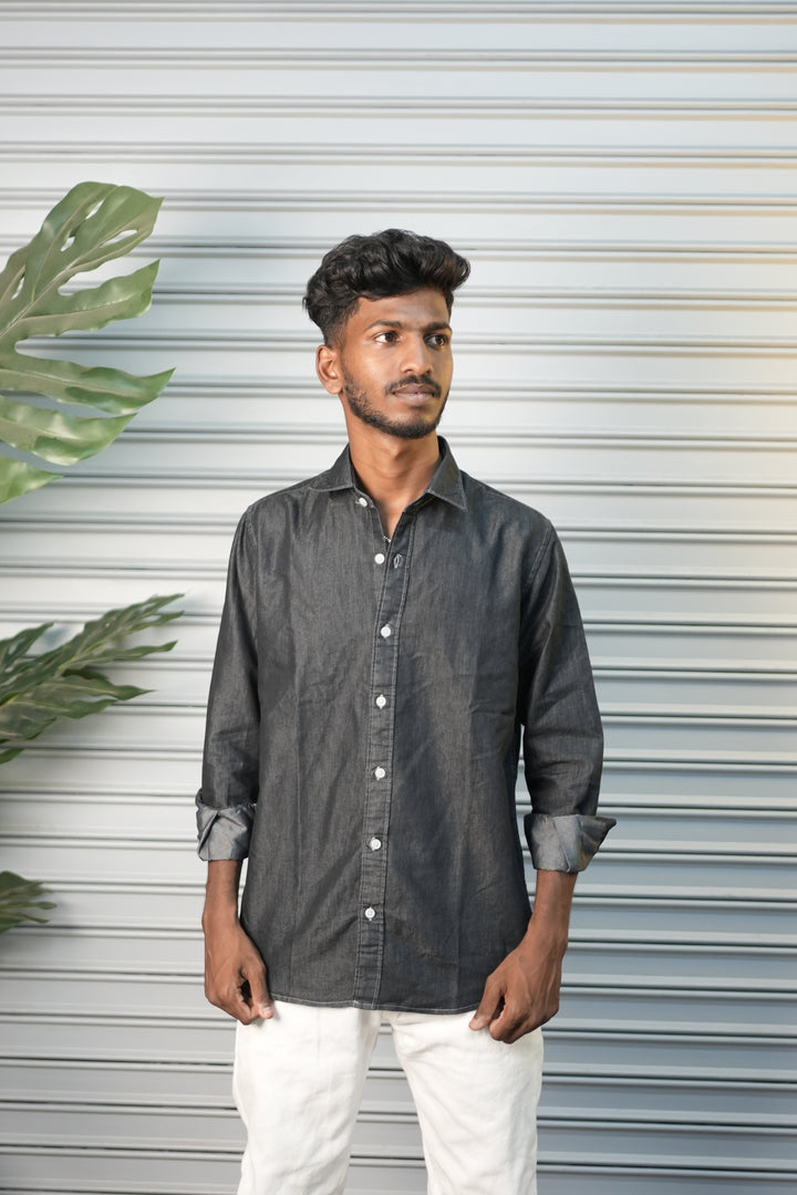 Men's Washed Denim Full Sleeve Casual Plain Shirt - Black