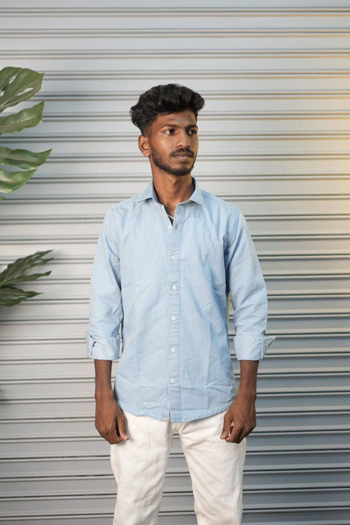 Men's Washed Denim Full Sleeve Casual Plain Shirt - Ice Blue