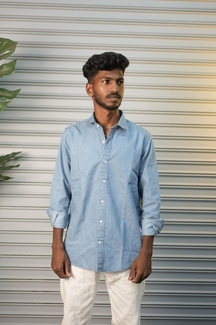 Men's Washed Denim Full Sleeve Casual Plain Shirt - Light Blue