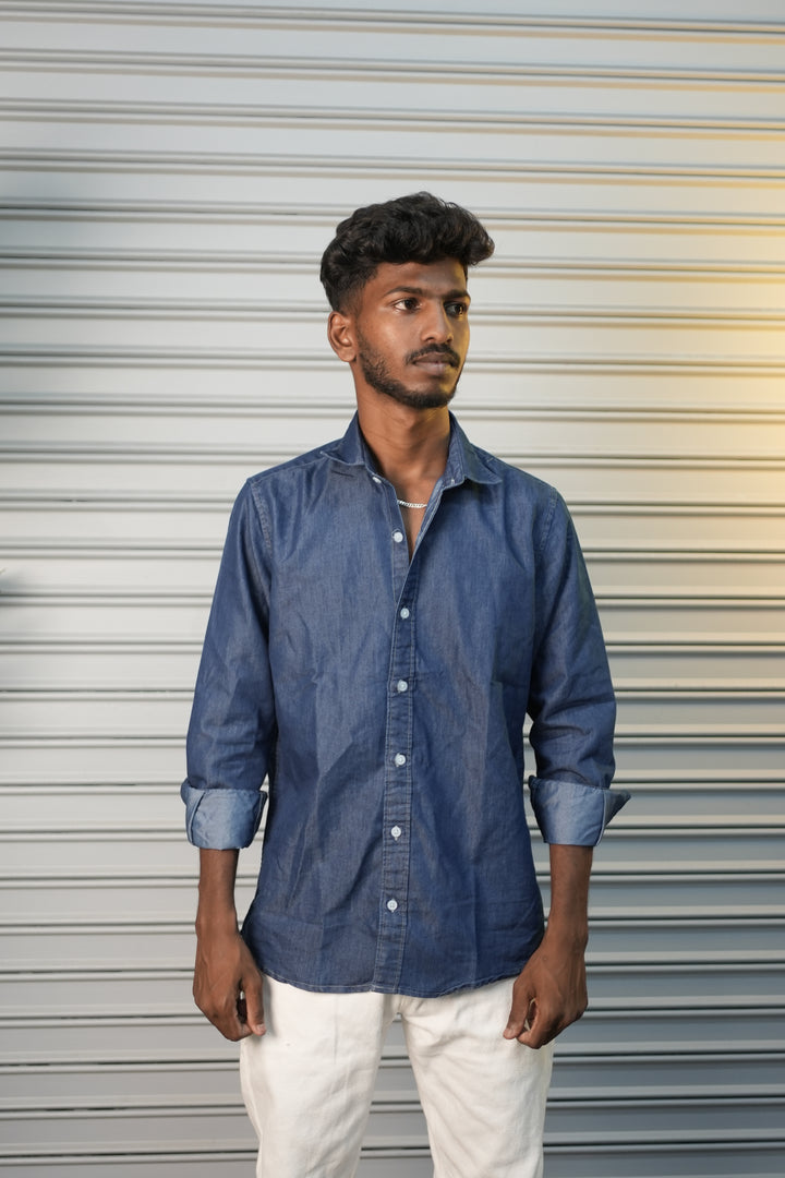 Men's Washed Denim Full Sleeve Casual Plain Shirt - Navy Blue