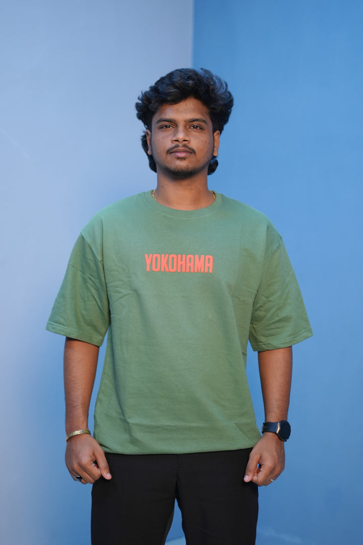Unisex Oversized Five Sleeve Round Neck YOKOHAMA Printed Tshirt Green mens trending streetwear India 7Man