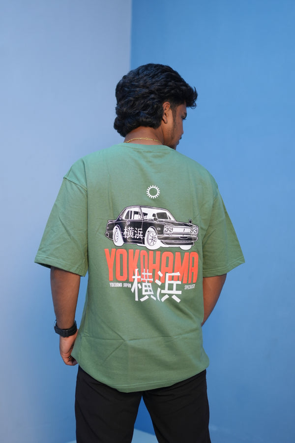 Unisex Oversized Five Sleeve Round Neck YOKOHAMA Printed Tshirt -Green