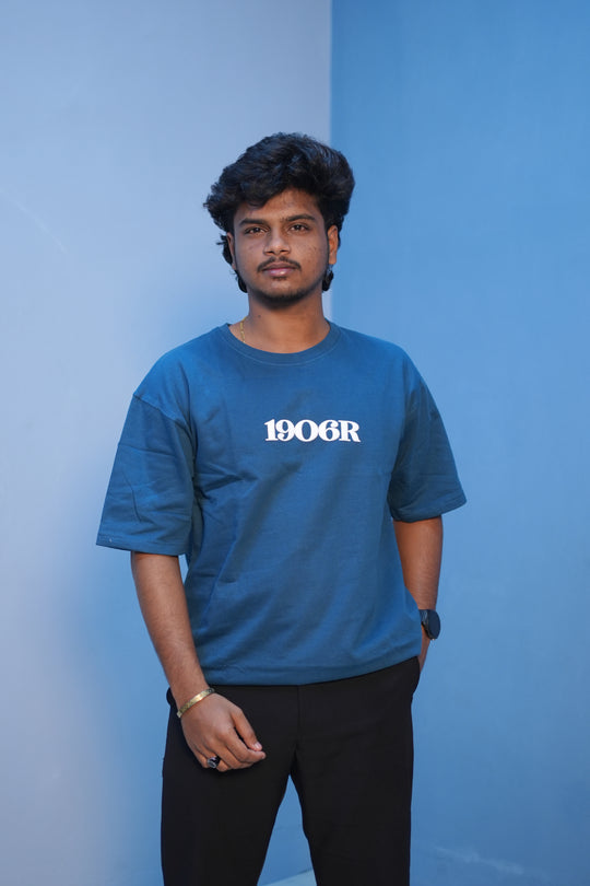 Unisex Oversized Five Sleeve Round Neck 1906R Printed Tshirt - Petrol blue – alternate view – 7MAN India