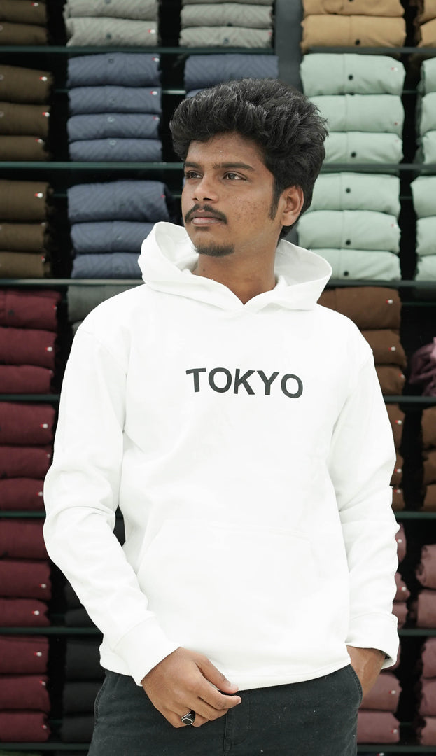 Men's Stylish Printed Full Sleeve Hoodie White - TOKYO