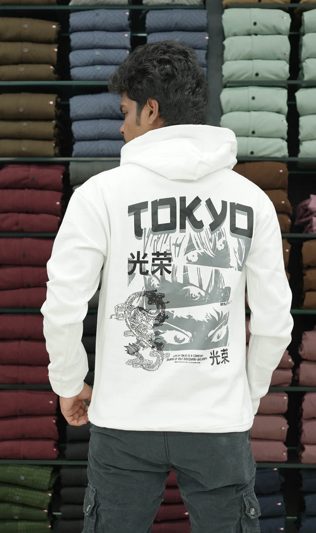 Men's Stylish Printed Full Sleeve Hoodie White - TOKYO