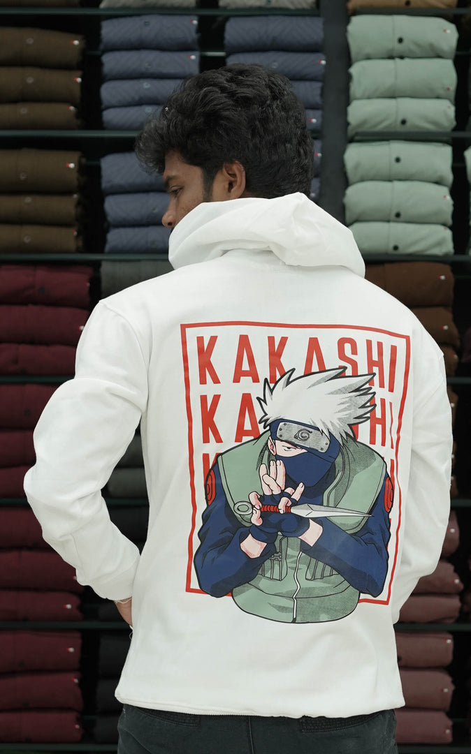 Men's Stylish Printed Full Sleeve Hoodie White - KAKASHI