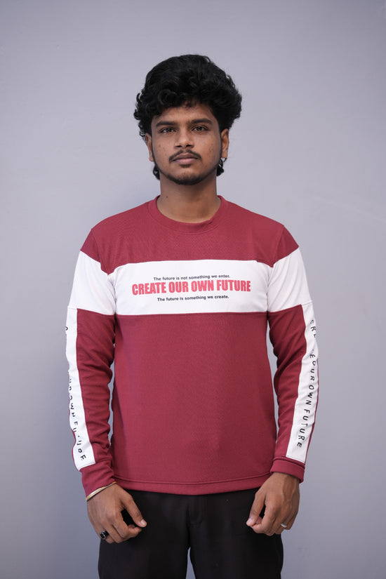 Men’s Full Sleeve Round Neck Tee – Premium Fit | CREATE YOUR OWN FUTURE - Maroon