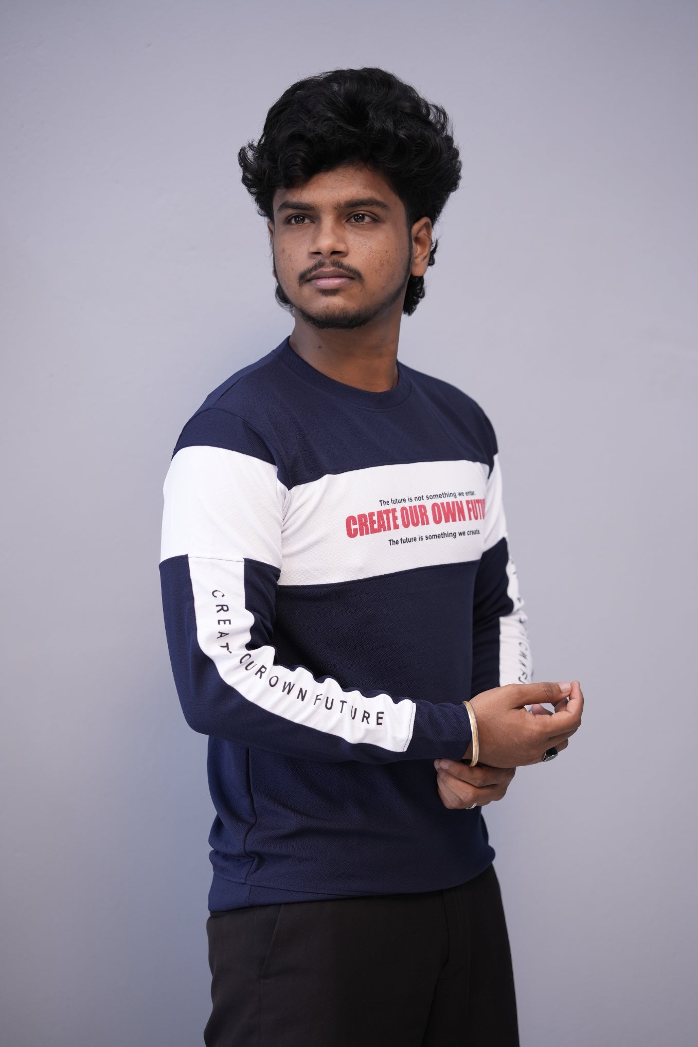 Men’s Full Sleeve Round Neck Tee – Premium Fit | CREATE YOUR OWN FUTURE - Navy Blue