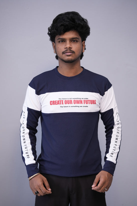 Men’s Full Sleeve Round Neck Tee – Premium Fit | CREATE YOUR OWN FUTURE - Navy Blue