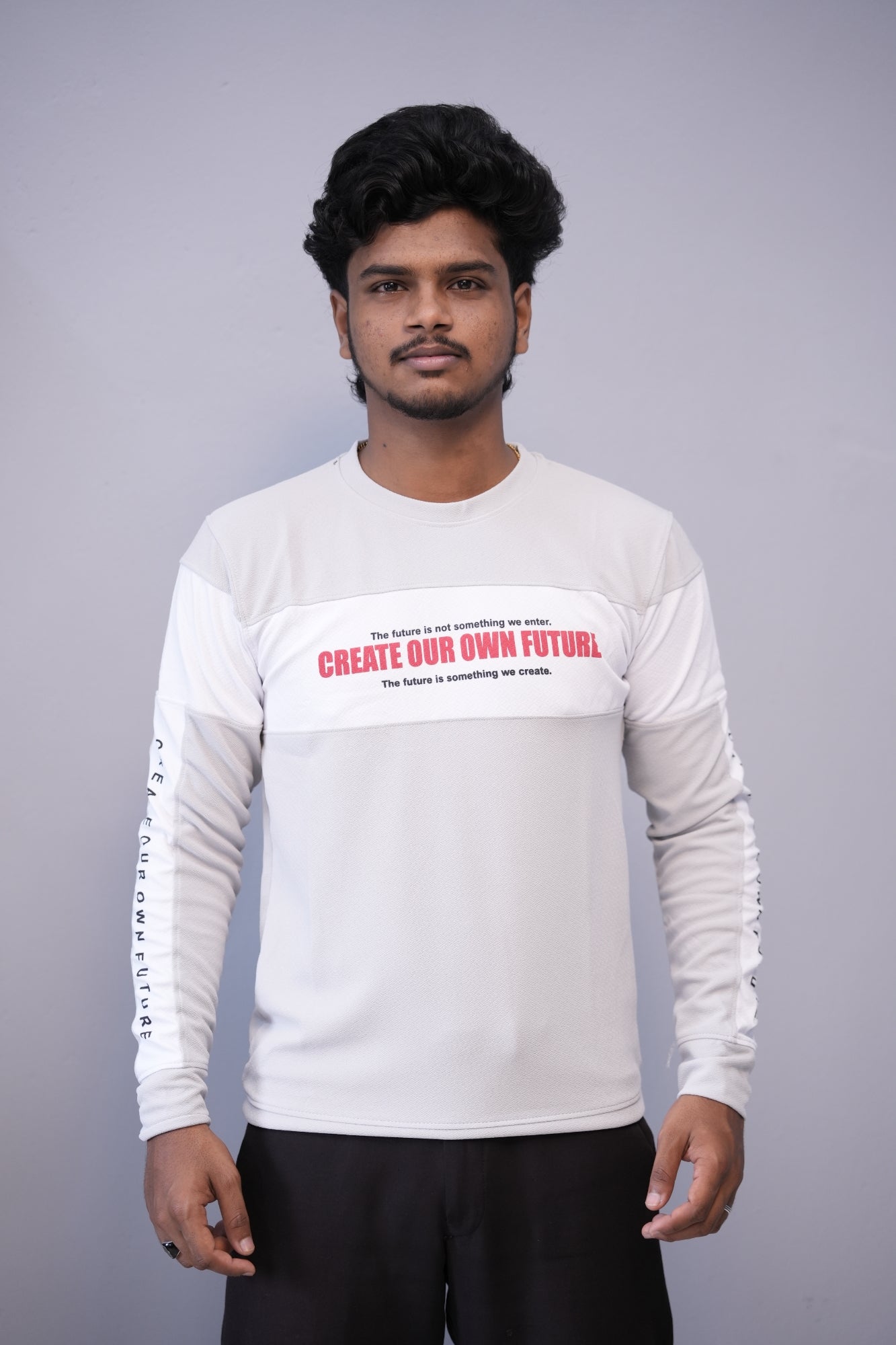 Men’s Full Sleeve Round Neck Tee – Premium Fit | CREATE YOUR OWN FUTURE - Ash