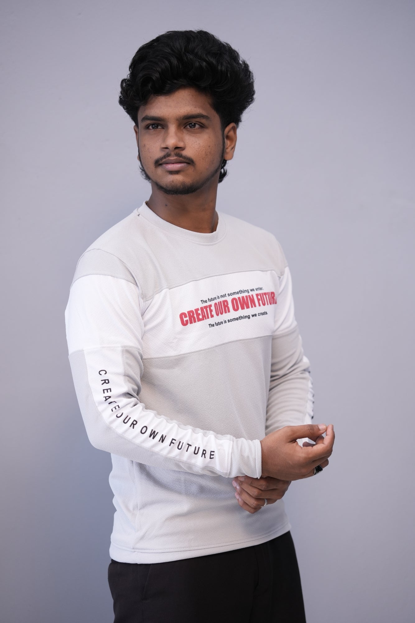 Men’s Full Sleeve Round Neck Tee – Premium Fit | CREATE YOUR OWN FUTURE - Ash