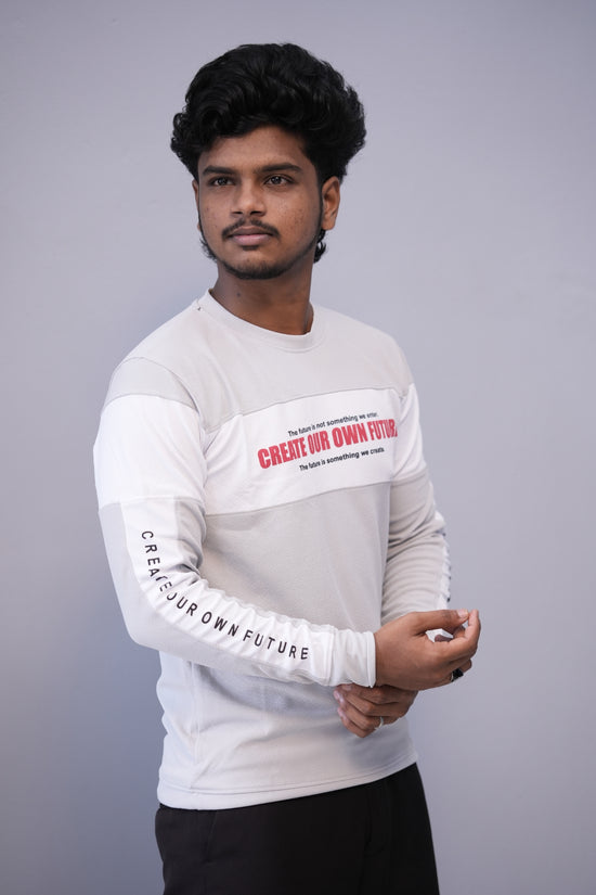 Men’s Full Sleeve Round Neck Tee – Premium Fit | CREATE YOUR OWN FUTURE - Ash