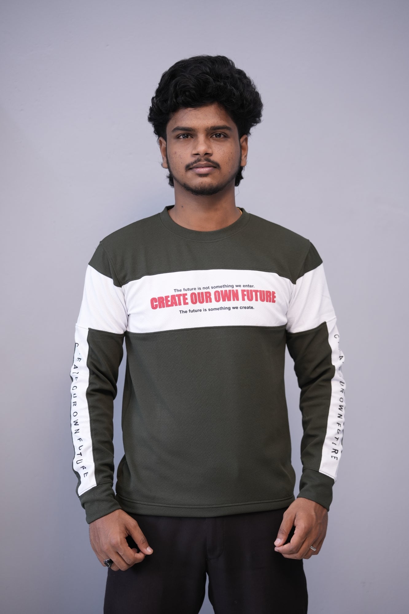 Men’s Full Sleeve Round Neck Tee – Premium Fit | CREATE YOUR OWN FUTURE - Grey