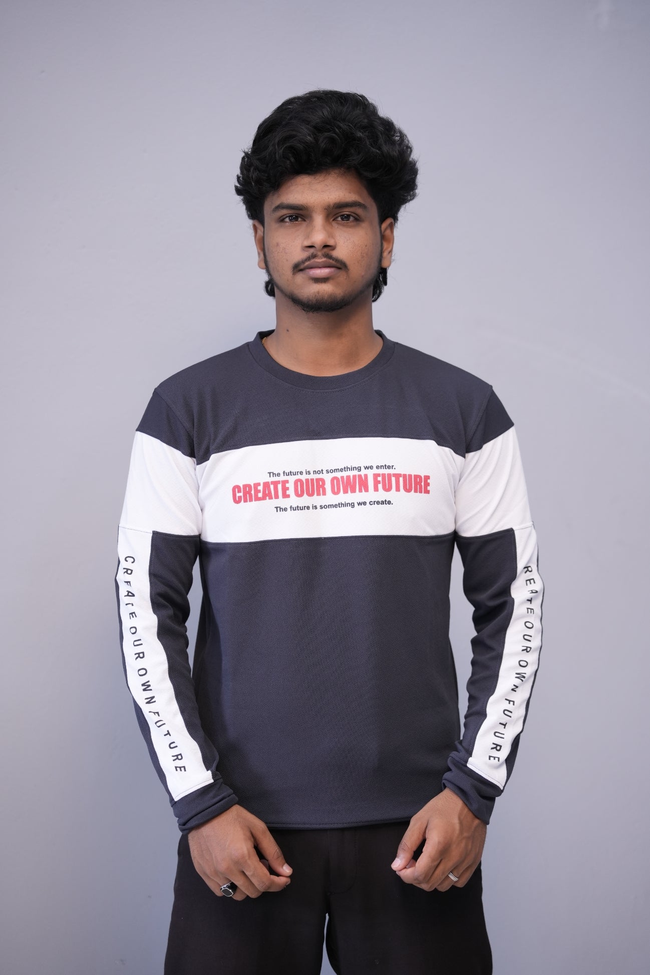 Men’s Full Sleeve Round Neck Tee – Premium Fit | CREATE YOUR OWN FUTURE - Navy Blue