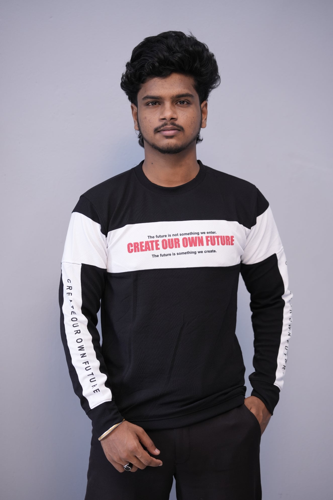 Men’s Full Sleeve Round Neck Tee – Premium Fit | CREATE YOUR OWN FUTURE - Black