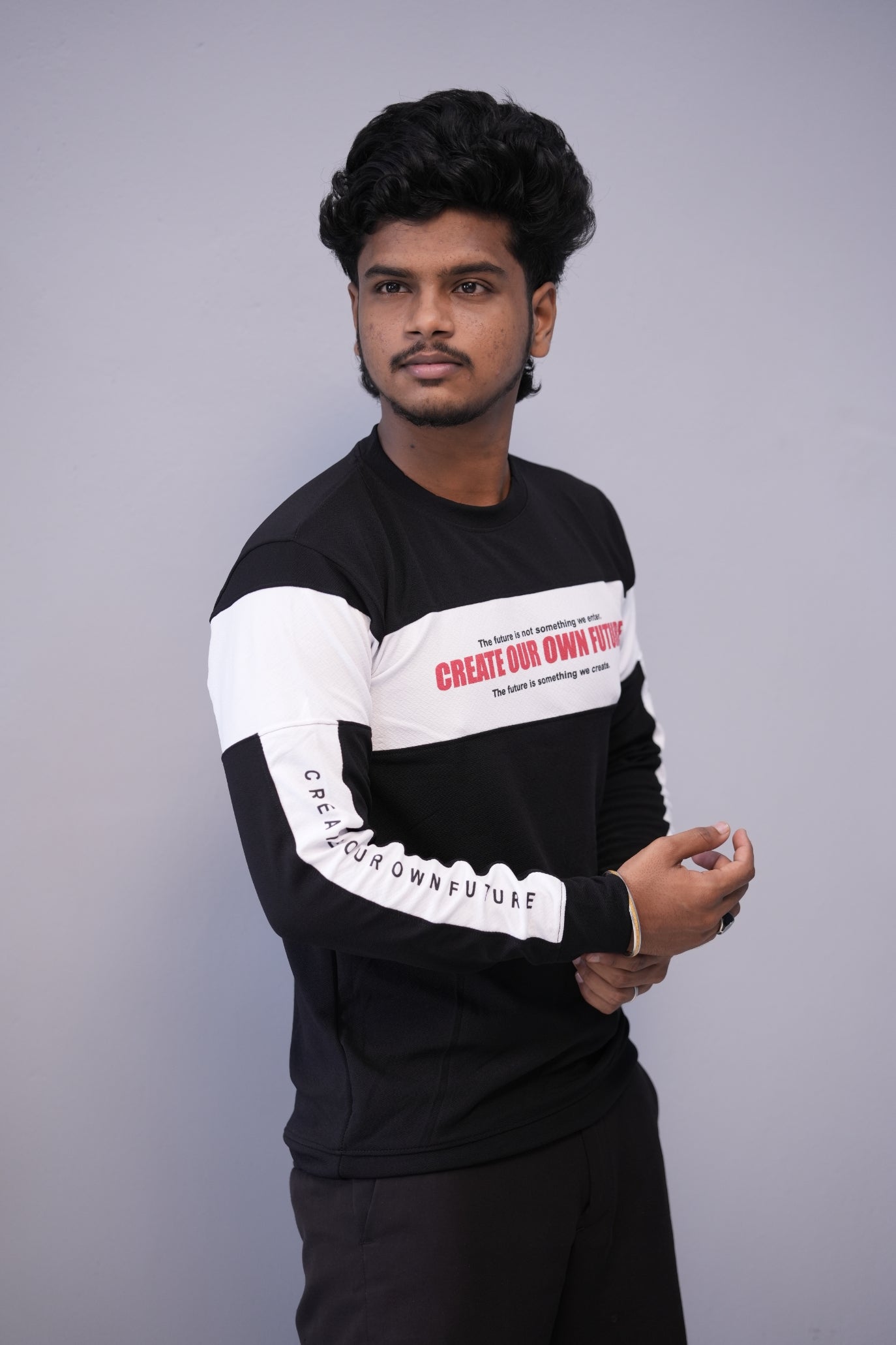 Men’s Full Sleeve Round Neck Tee – Premium Fit | CREATE YOUR OWN FUTURE - Black