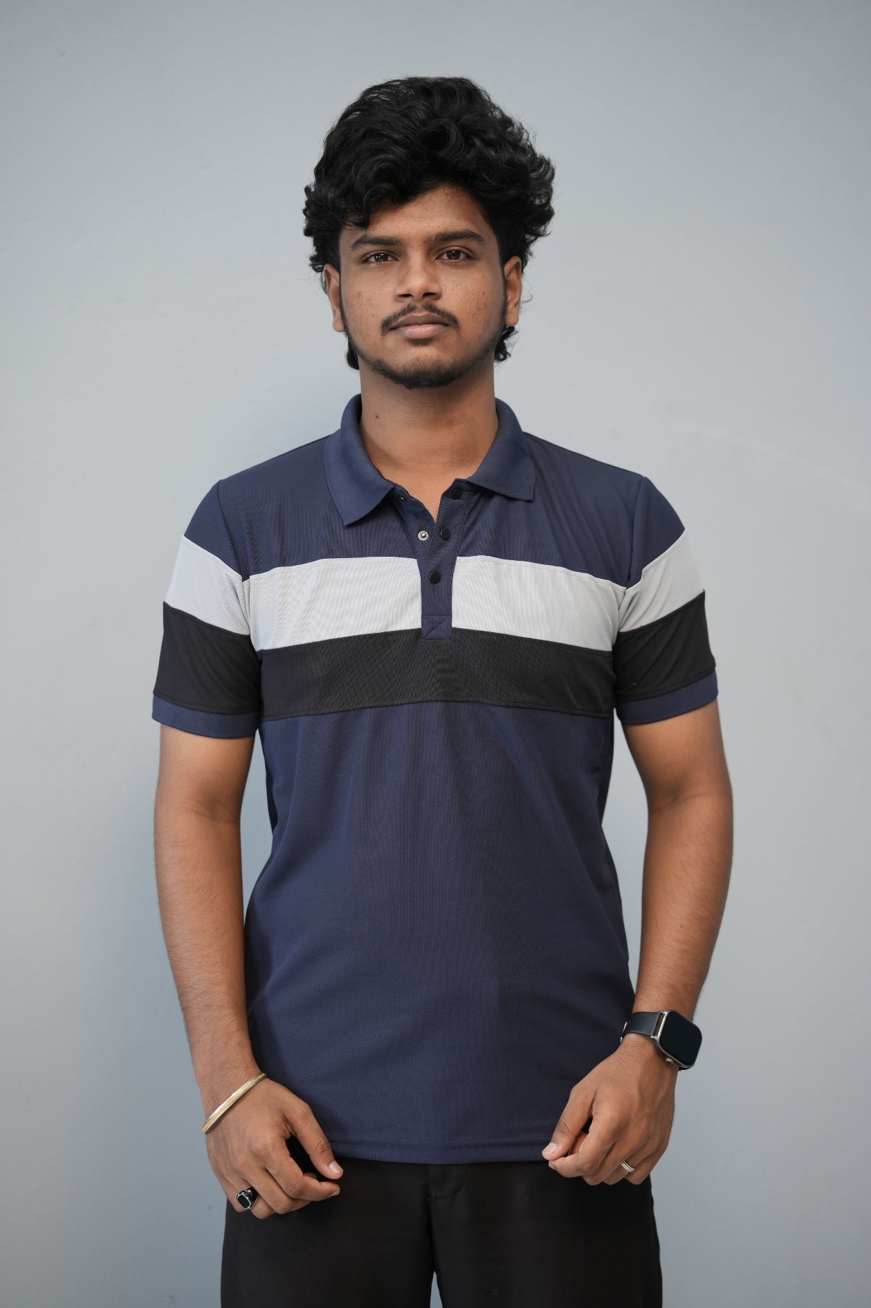 Trendy Color Block Polo T-Shirt for Men | Full Sleeve Slim Fit Casual Tee - Navy Blue-T-Shirt-7 Man