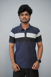 Trendy Color Block Polo T-Shirt for Men | Full Sleeve Slim Fit Casual Tee - Navy Blue-T-Shirt-7 Man
