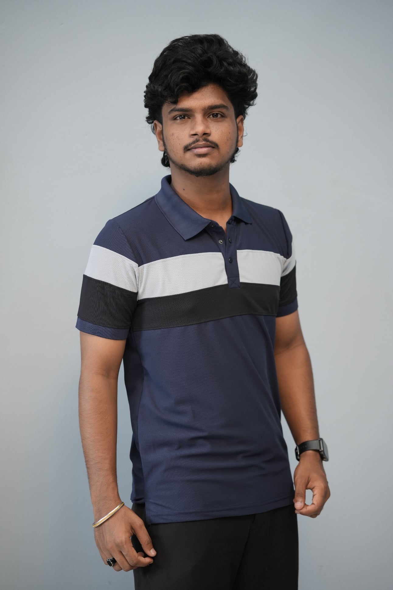 Trendy Color Block Polo T-Shirt for Men | Full Sleeve Slim Fit Casual Tee - Navy Blue-T-Shirt-7 Man