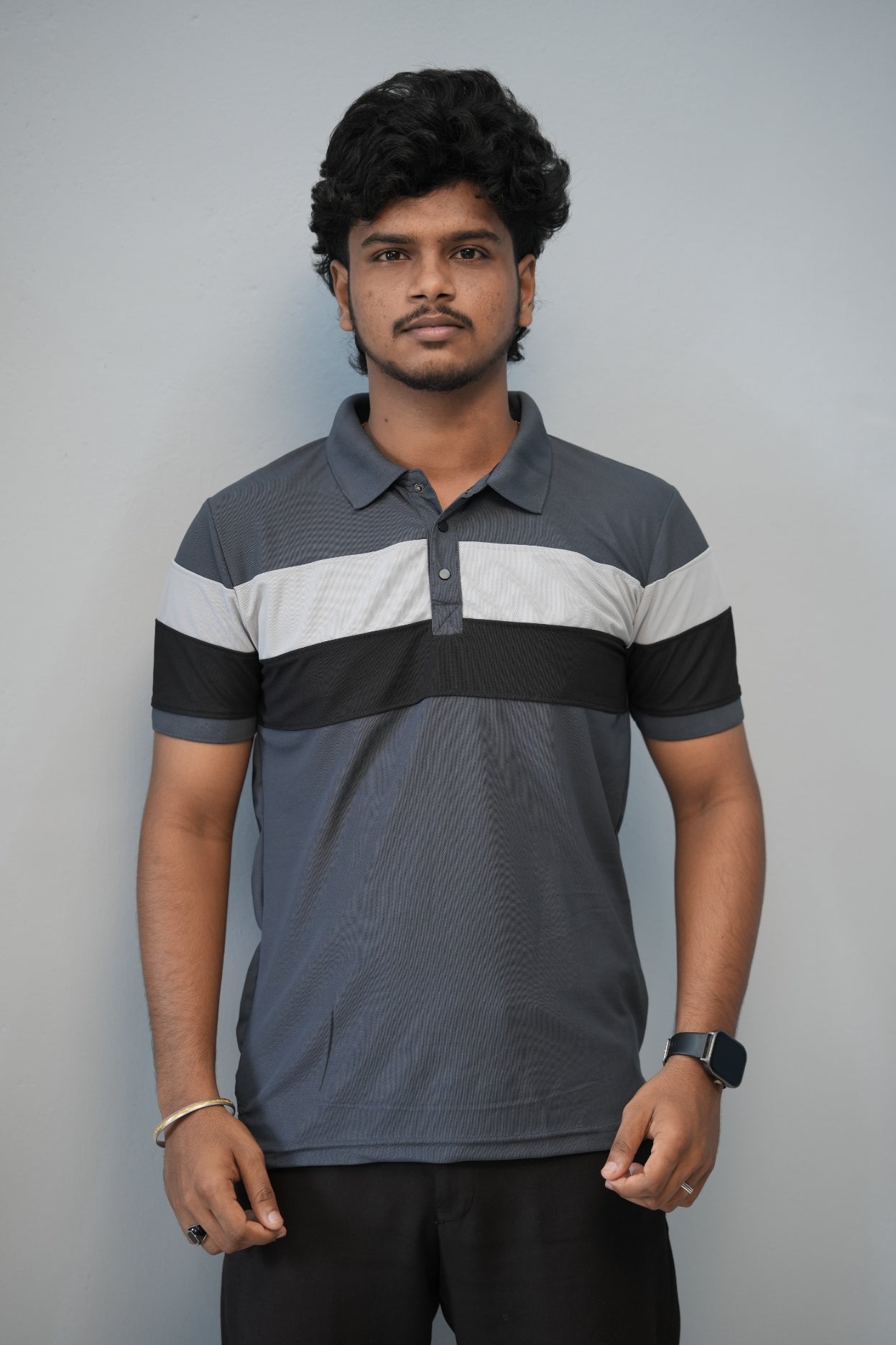 Trendy Color Block Polo T-Shirt for Men | Full Sleeve Slim Fit Casual Tee - Grey-T-Shirt-7 Man