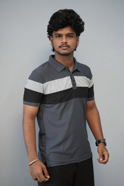 Trendy Color Block Polo T-Shirt for Men | Full Sleeve Slim Fit Casual Tee - Grey-T-Shirt-7 Man