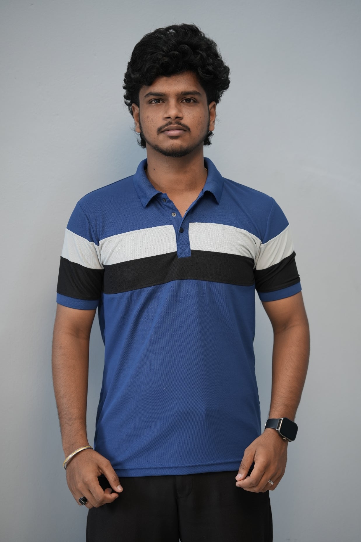 Trendy Color Block Polo T-Shirt for Men | Full Sleeve Slim Fit Casual Tee - Ink Blue-T-Shirt-7 Man