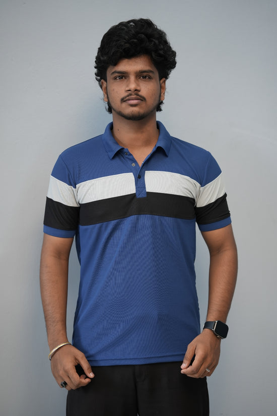 Trendy Color Block Polo T-Shirt for Men | Full Sleeve Slim Fit Casual Tee - Ink Blue-T-Shirt-7 Man