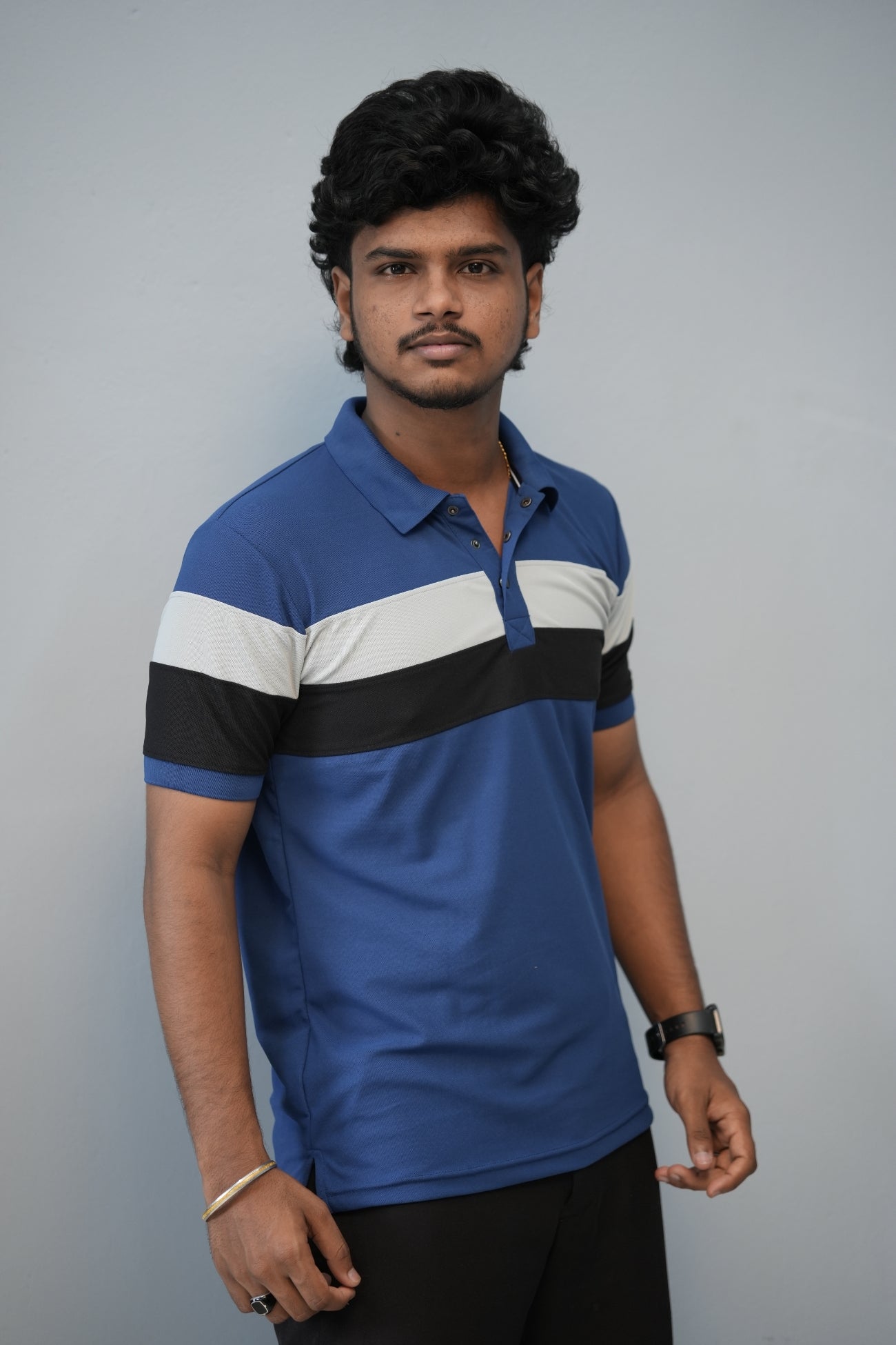 Trendy Color Block Polo T-Shirt for Men | Full Sleeve Slim Fit Casual Tee - Ink Blue-T-Shirt-7 Man